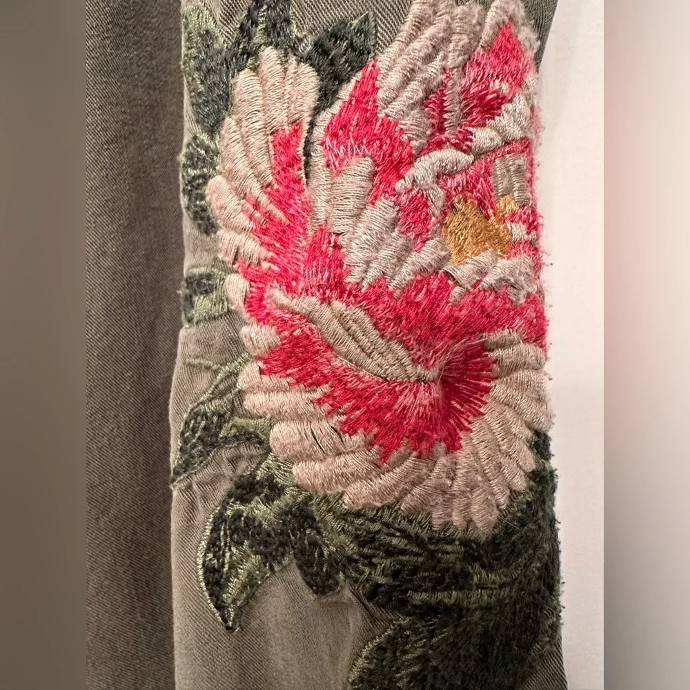 Postmark | Anthropologie Jarvis Olive Floral Embroidered Pants